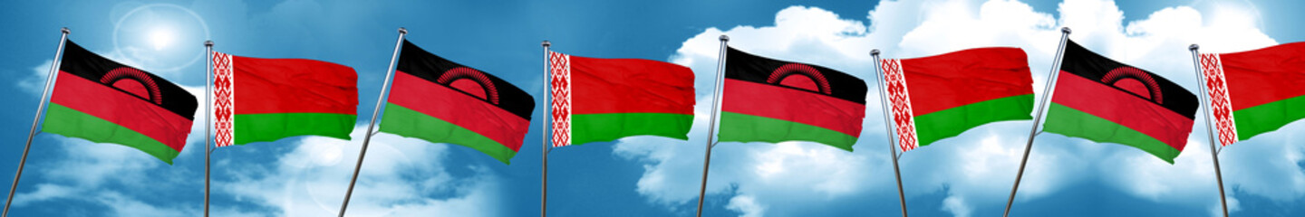Malawi flag with Belarus flag, 3D rendering
