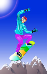 Sportsman on snowboard with mountains on background.