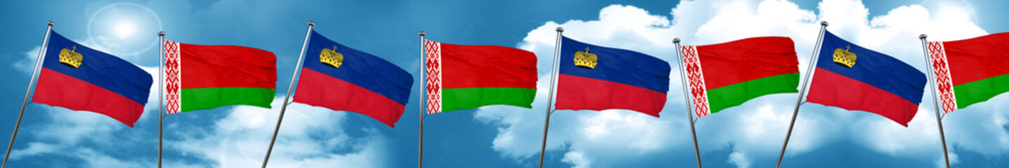 Liechtenstein flag with Belarus flag, 3D rendering