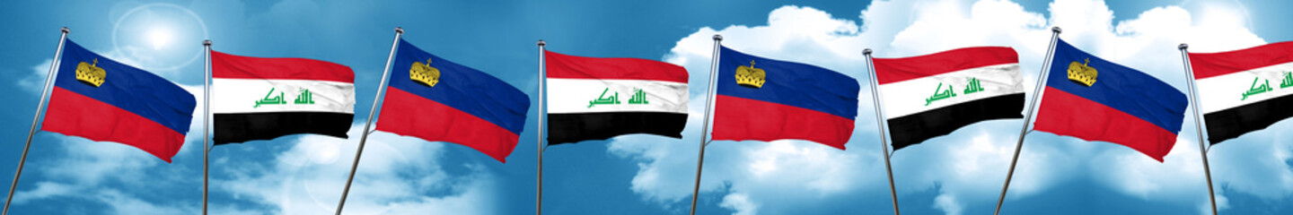 Liechtenstein flag with Iraq flag, 3D rendering