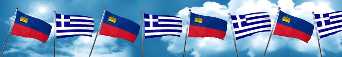 Liechtenstein flag with Greece flag, 3D rendering