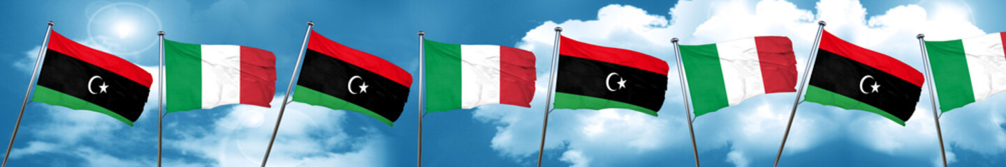 Libya flag with Italy flag, 3D rendering