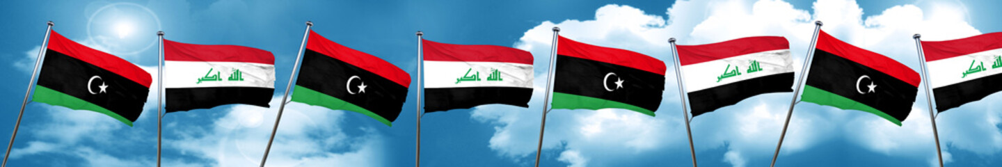 Libya flag with Iraq flag, 3D rendering