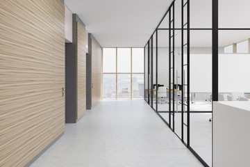 Office hall with wooden and glass walls
