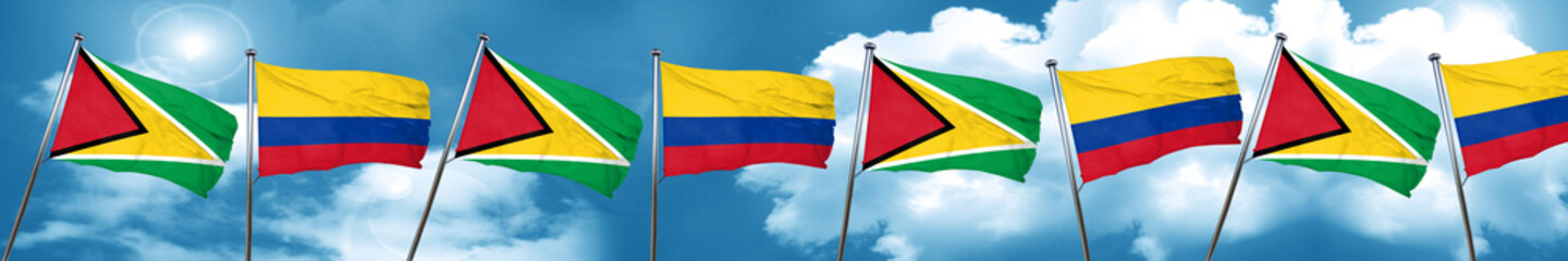 Guyana flag with Colombia flag, 3D rendering