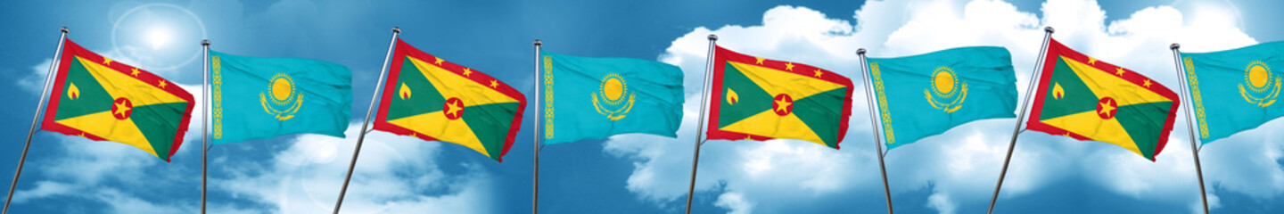 Grenada flag with Kazakhstan flag, 3D rendering