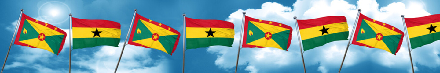 Grenada flag with Ghana flag, 3D rendering