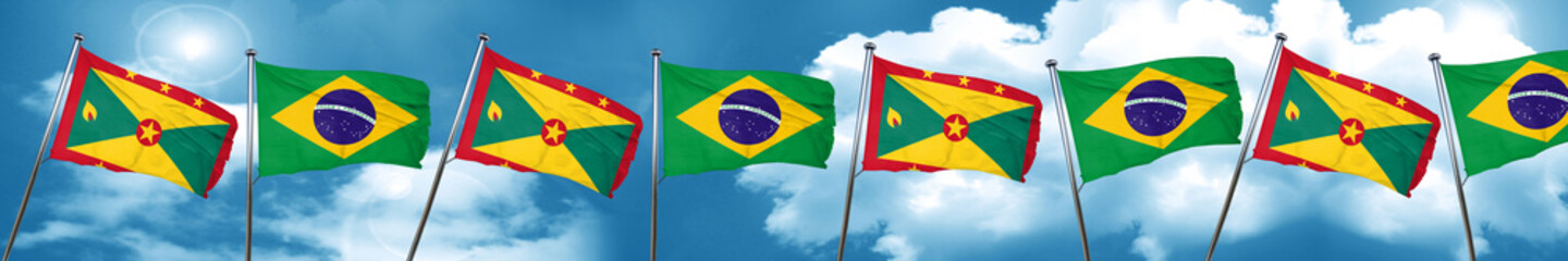 Grenada flag with Brazil flag, 3D rendering