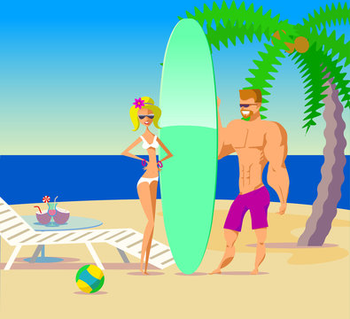 cartoon style surfer, girl with surfboard and ball, palm, cockta