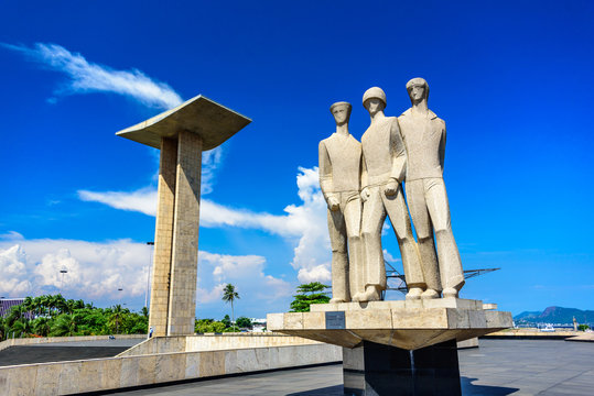 Concrete portal sculpture and granite statue honoring the personnel of Brazil's land, sea, and air forces at the National Monument to the Dead of the Second World War, Rio de Janeiro, Brazil