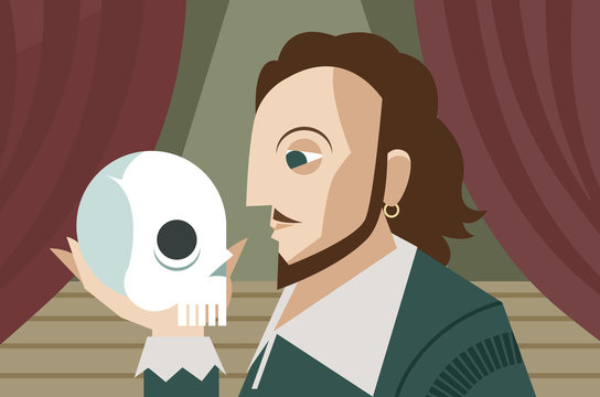 great english theater drama tragedy poet and playwright holding a skull on theater stage