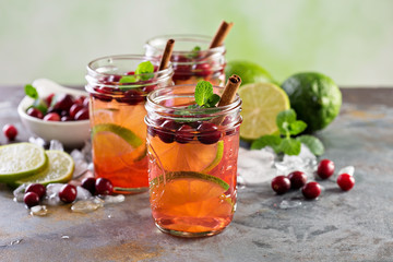Refreshing winter drink with lime and cranberry