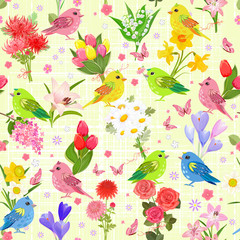Obraz na płótnie Canvas colorful seamless texture with cute birds and lovely bouquets of
