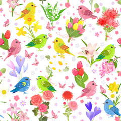 colorful seamless texture with cute birds and lovely bouquets of