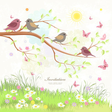 cute greeting card with birds on branch tree and butterflies