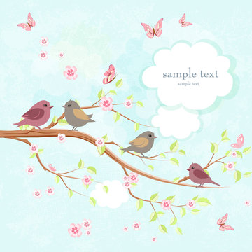 cute greeting card with enamored birds on branch of sakura and b