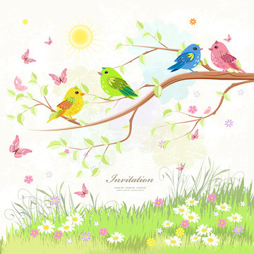 lovely greeting card with birds on branch tree and butterflies