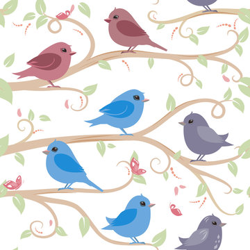 cute seamless texture with pretty birds on branch