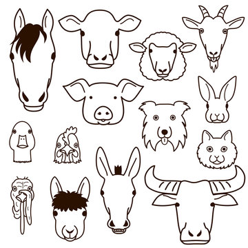 cute farm animal faces line art set