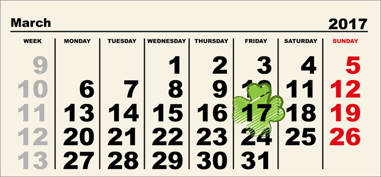 March 17 Patricks day calendar