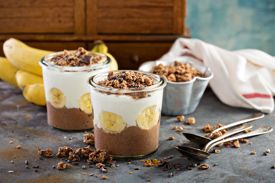 Chocolate chia pudding parfait with banana