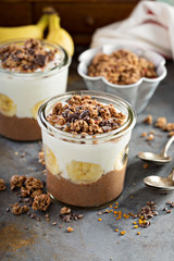 Chocolate chia pudding parfait with banana