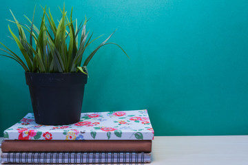 Green Plant,Books stacked on wooden table with copy space.Green background.