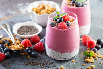 Chia pudding parfait with berry smoothie