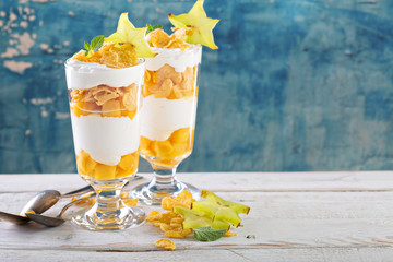 Mango and cereal yogurt parfait