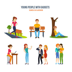 Fototapeta na wymiar Young people with gadgets concept. Music, work, selfie, entertainment.