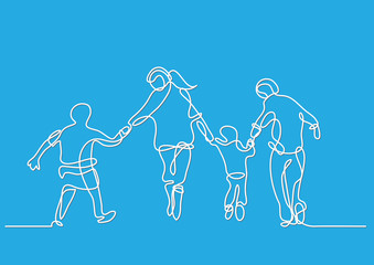 continuous line drawing of happy family running