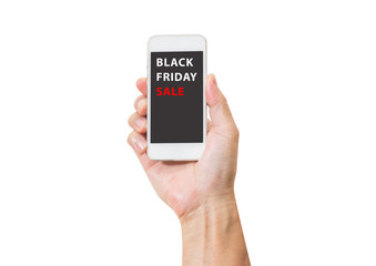 Hand holding mobile phone with Black friday sale on screen isola