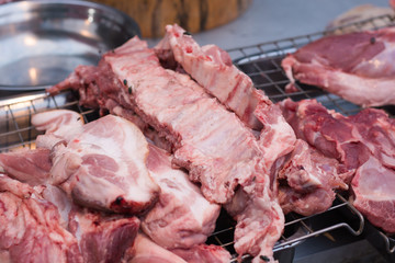 Meat raw Food - Close up pork rips in market..