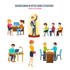 Businessman in office work situations concept: discussion, conference, communications, partnerships.