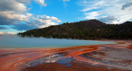 Grand Prismatic Hot Spring under sunset clouds in the Midway Geyser Basin in Yellowstone National Park in Wyoming USA