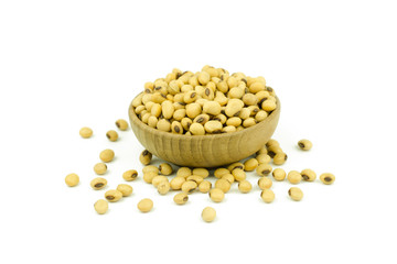 soy beans in bowl wood isolated on white background.