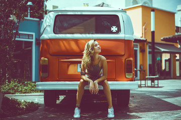 girl posing near car, hipster style, surfing girl, outdoor fashion portrait