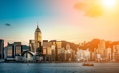 hong kong harbour view with sunlight - obrazy, fototapety, plakaty