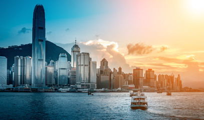 hong kong harbour view with sunlight - obrazy, fototapety, plakaty