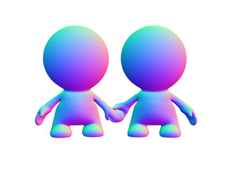 two colorful human characters in holding hands (3d illustration isolated on white background)