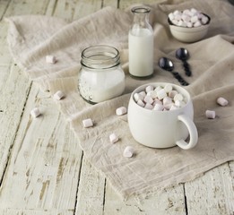 white cup with cocoa and marshmallows, selective focus