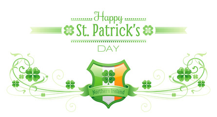 Happy Saint Patrick day border banner, isolated white background. Irish green shamrock clover leaves frame, text lettering flag icon. Traditional Northern Ireland celtic holiday poster