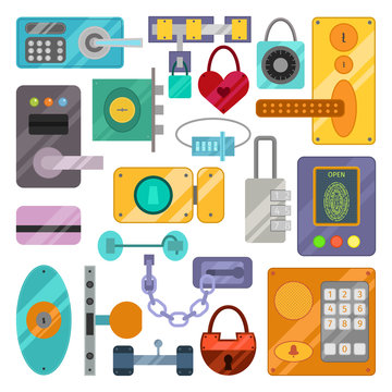 Different house door lock icons set vector.