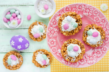Easter nest cookie cake dessert with candy eggs