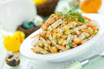 Easter appetizer salad with corn, carrot, ham