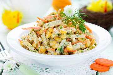 Easter appetizer salad with corn, carrot, ham