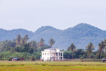 Fototapeta na wymiar Lonely house with trees, farm and mountain background