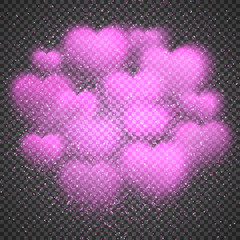 Cloud from purple blurred glowing soft hearts on transparent background with glitter texture confetti. Backdrop for Valentines Day, wedding, romantic card design. Abstract colorful vector illustration