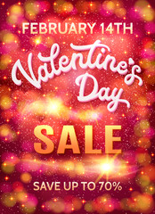 Valentines day sale poster template on abstract background with hearts, sparkles, stars and bokeh circles. Discount banner with 3d white hand lettering words. Font vector illustration. EPS10