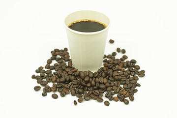 Takeaway paper cup of coffee and coffee bean isolated on white b
